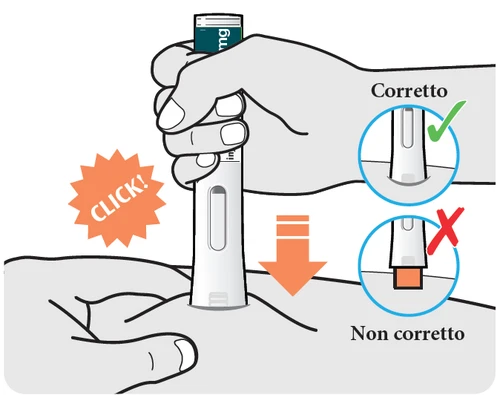 Medical illustration showing a hand pressing an autoinjector on the skin with a green checkmark for correct placement and a red cross for incorrect