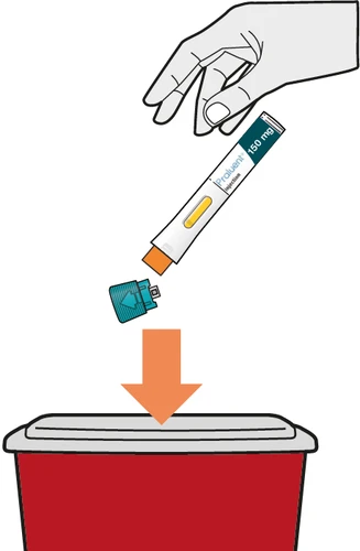 A hand holding a Proluent 150 mg injection pen above a red container with an orange arrow indicating disposal