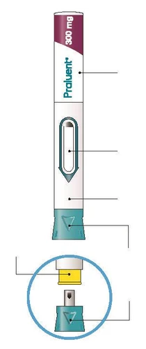 Praluent 300 mg injection pen with labeling on body, transparent control window, and base with magnified detail of the cap