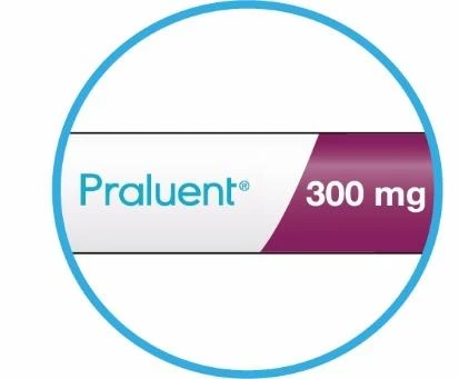 Circular logo with blue border containing the drug name Praluent in blue and '300 mg' on a burgundy stripe to the right