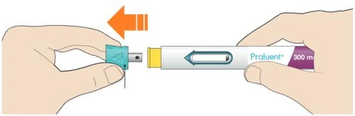 Two hands separating a Praluent medical device with an orange arrow indicating separation movement between the blue part and the white body