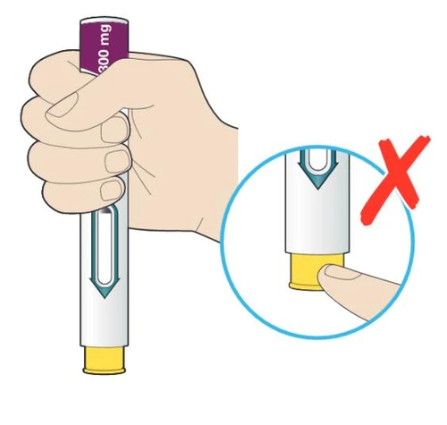 A hand holding an injection pen with an arrow indicator and a circular detail showing a finger not touching the yellow tip