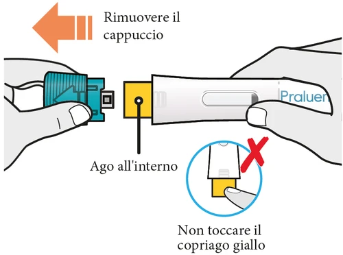 Two hands handling a medical device with instructions to remove the cap and a warning not to touch the inner yellow needle cover