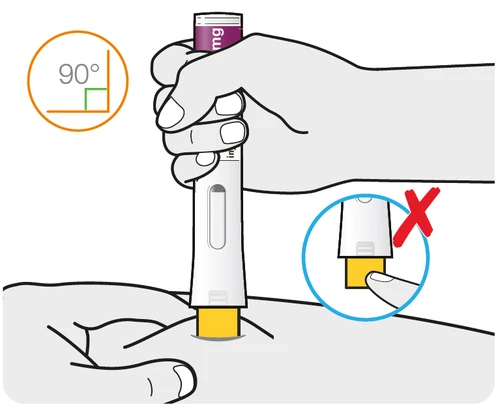 Medical illustration showing a hand holding an autoinjector at 90 degrees on the skin with a circle indicating the