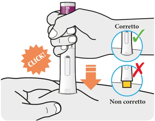 Illustration showing a hand pressing an autoinjector on the skin with a green checkmark for correct insertion and a red cross for incorrect