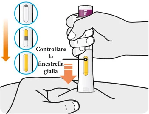 A hand holding a white medical device against the skin with three circles showing the check of the internal yellow viewing window