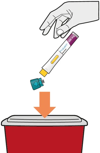 A hand holding a Praluent 300 mg injection pen above a red disposal container with a downward-pointing orange arrow