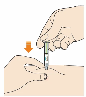 A hand holding a syringe with needle pointing downward to inject liquid into a skin area supported by the