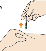 A hand holding a syringe vertically above the arm skin with an orange arrow indicating movement towards the
