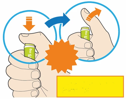Illustration of hands gripping a green vial with blue and orange arrows indicating pressure and twisting motion towards the