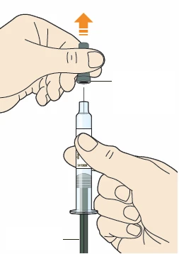 Two hands separating a gray cap from a syringe with transparent liquid, indicated by an orange arrow pointing to the