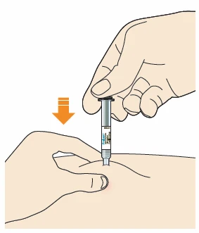 A hand holding a syringe vertically and pressing it downward on the arm skin following the direction of an orange arrow