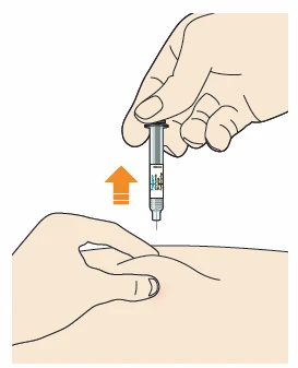 A hand lifting a syringe vertically with an orange arrow pointing upwards