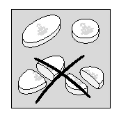 Two whole tablets at the top and four tablet halves crossed out by a large black cross at the bottom on a gray background