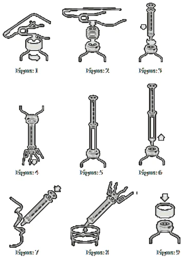 Sequence of nine numbered diagrams illustrating the assembly steps of a medical device with cylindrical components and three-foot bases