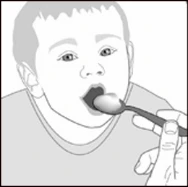 Black and white drawing of a child with an open mouth while a hand holds a spoon to administer liquid medication
