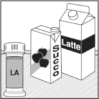 A vial with label LA next to a carton of apple juice and a carton of milk on a diagonally striped surface