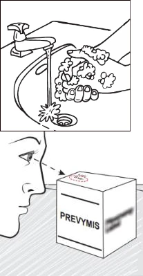 Black and white drawing showing hands washing under a tap and a person examining the packaging of the medication Prevymis