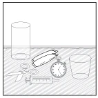 Technical drawing of a syringe, a stopwatch, two cylindrical containers, scissors, and small objects on a diagonally striped surface