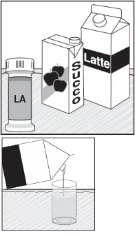 Black and white drawing showing a vial labeled LA, a carton of apple juice, and a carton of milk above a glass