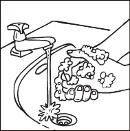 Black and white drawing of soapy hands under a running tap with water flowing toward the sink drain
