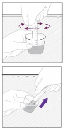 Technical drawing showing a hand shaking a syringe inside a glass with liquid and a second hand removing the syringe upward