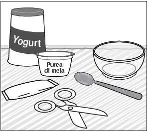 A yogurt container, a glass bowl, a spoon, an open sachet, and a pair of scissors on a striped surface