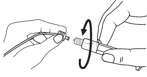 Two hands screwing a cylindrical medical device using a rotational movement indicated by a black curved arrow