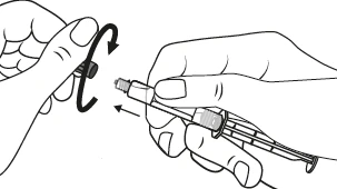 Black-and-white drawing showing two hands screwing a protective cap onto a syringe needle following a rotational direction