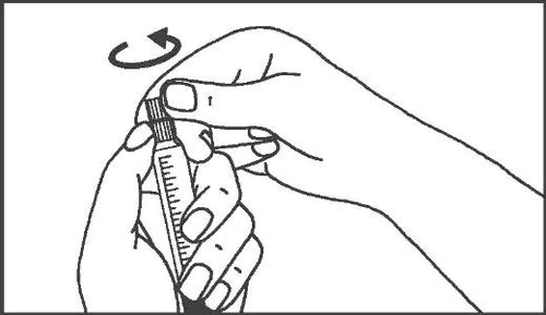 Two hands holding an injection pen to rotate the upper part clockwise, following the curved arrow above the device