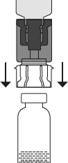 Technical diagram showing the detachment of an upper medical device from an underlying vial indicated by two black arrows pointing downward