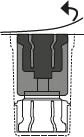 Black and white technical diagram showing a curved arrow pointing to the left above a medical container with dark internal components