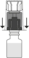 Technical diagram showing an injection device being pressed downward with two black arrows onto a glass vial containing liquid