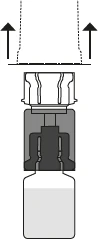 Technical diagram showing the removal of an upper cap from a drug vial with black arrows pointing upward
