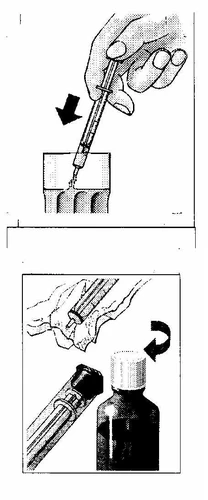 Technical drawing showing a hand inserting a syringe into a muscle and drawing liquid from a dark vial with a needle