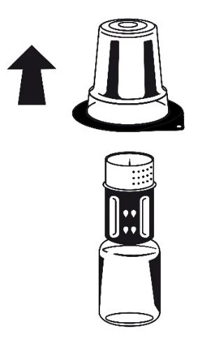 Technical drawing of a medical vial with a cap being removed upward