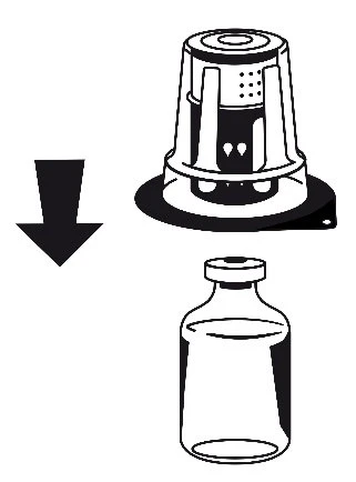 Schematic black and white drawing showing a black arrow pointing downward between a protective cap and a glass vial
