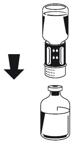 Diagram showing a syringe with liquid being inserted downward into a glass vial containing liquid
