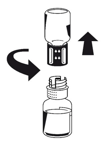 Diagram illustrating how to unscrew the cap of a medical vial counterclockwise