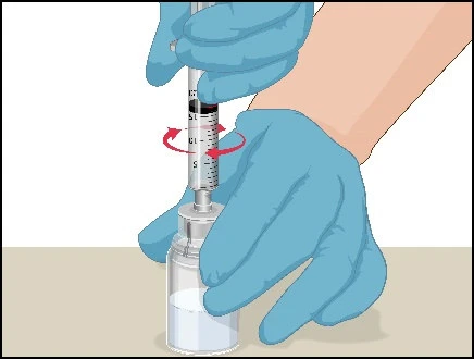 Hands wearing blue gloves using a syringe to aspirate liquid from a transparent glass vial with red circular arrows