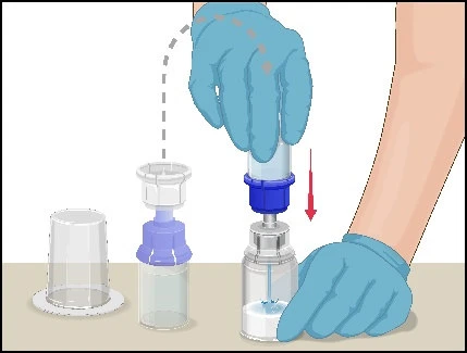 A blue-gloved hand pressing a cap downward onto a vial while the