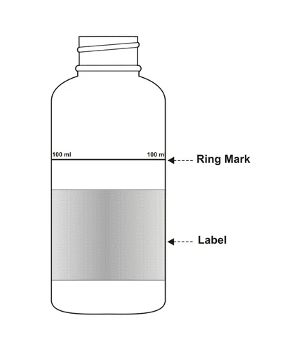Disegno tecnico di una bottiglia con indicazione del livello 100 ml, una linea circolare denominata Ring Mark e un'area grigia chiamata Label