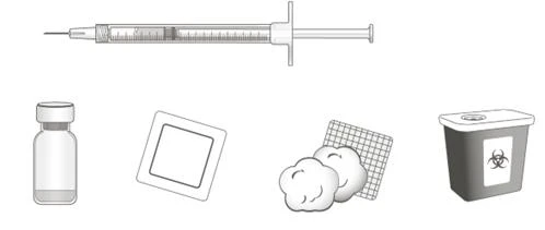 Rysunek techniczny strzykawki z igłą, fiolki szklanej, plasterka, dwóch watków i pojemnika na odpady biologiczne