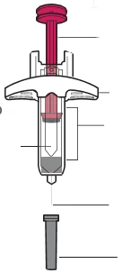 Technical diagram of a pre-filled syringe with red plunger, transparent body, pointed base, and separate components indicated by guide lines