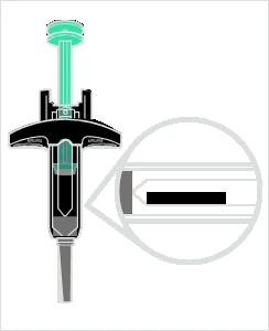 Technical diagram of a syringe with green plunger and an enlarged detail showing the