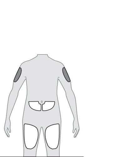 Stylized diagram of a human body viewed from the back with highlighted areas on the arms, lower back, and thighs