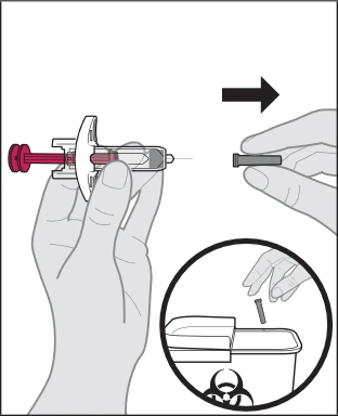 A hand holding a syringe with a red cap while the