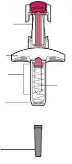 Technical diagram of a medical device with internal components highlighted by guide lines and a separate cylindrical section at the bottom