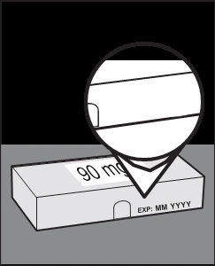 Rectangular drug box with label '90 mg' and space for expiration date 'EXP MM YYYY' with magnified detail of the packaging