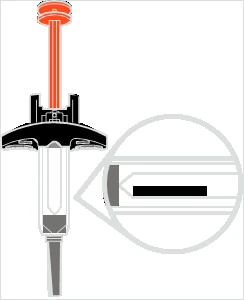 Technical diagram of a syringe with orange plunger and enlarged detail of the internal mechanism of the gray cylindrical body